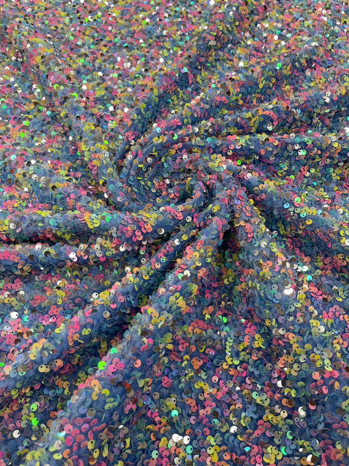 Multi color Confetti all over shiny sequins stretch velvet , sold by the yard.