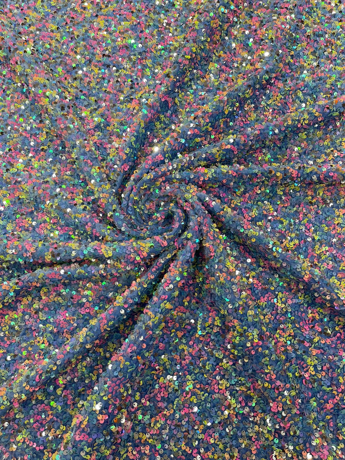 Multi color Confetti all over shiny sequins stretch velvet , sold by the yard.