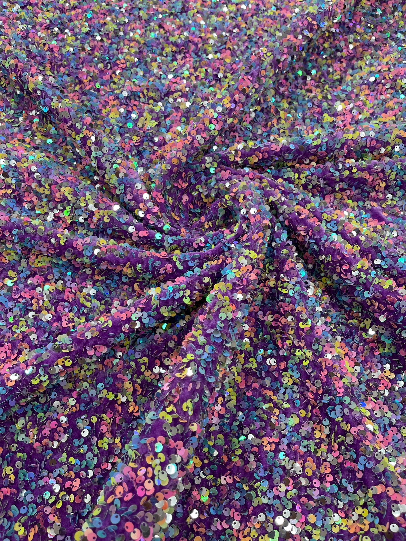 Multi color Confetti all over shiny sequins stretch velvet , sold by the yard.