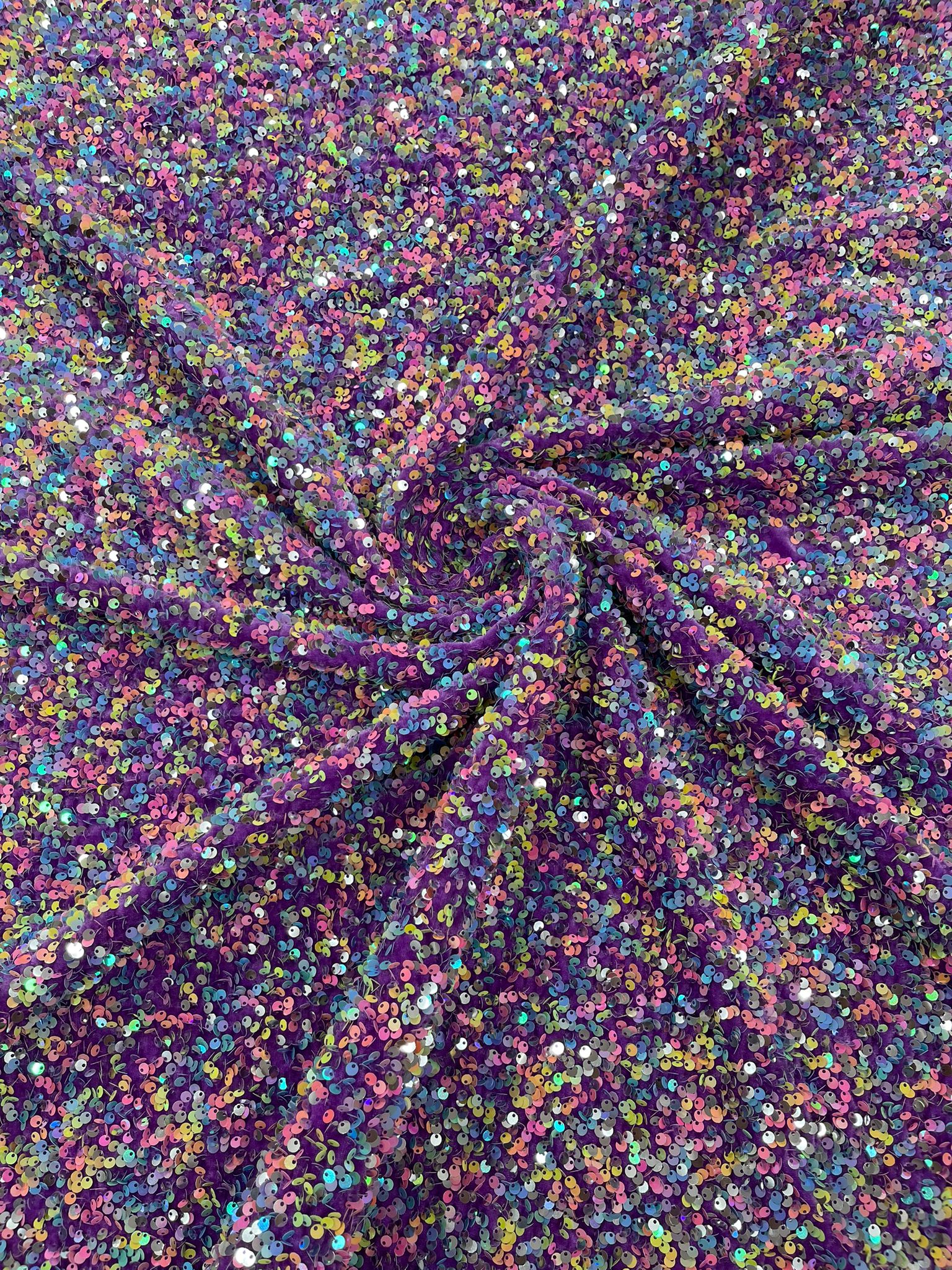 Multi color Confetti all over shiny sequins stretch velvet , sold by the yard.