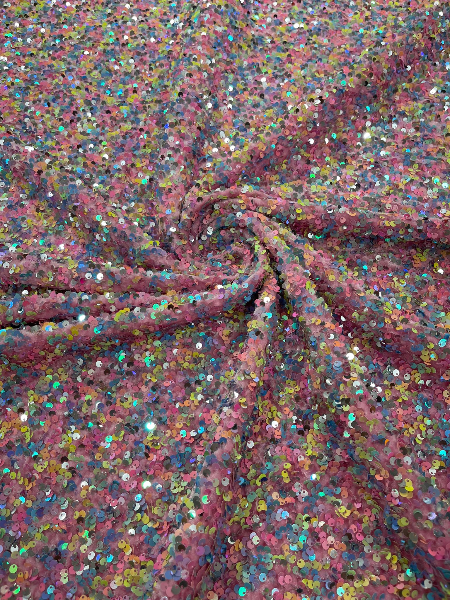 Multi color Confetti all over shiny sequins stretch velvet , sold by the yard.