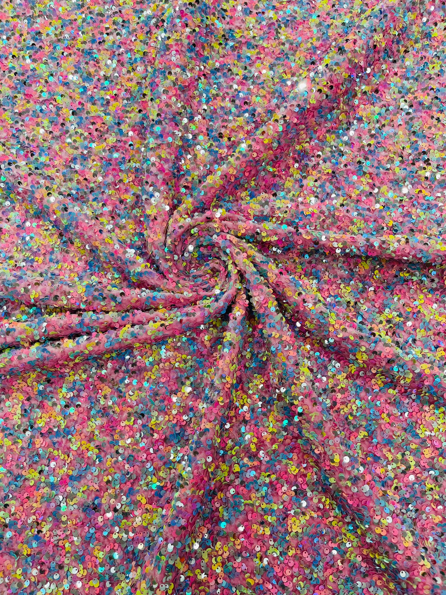 Multi color Confetti all over shiny sequins stretch velvet , sold by the yard.