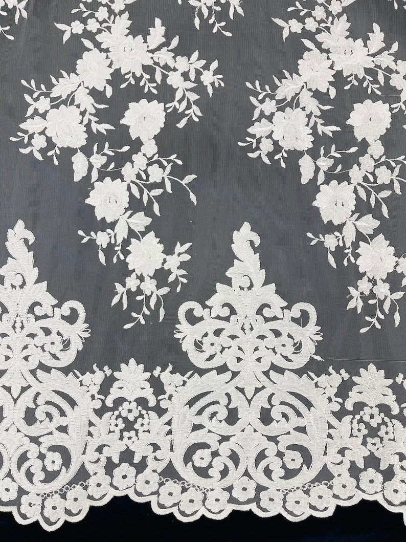 Elegant flower damask flat lace embroidery on a mesh-sold by the yard.