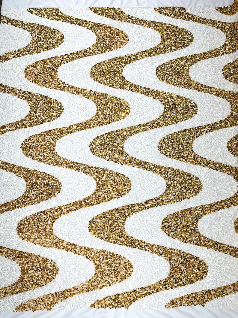 White-Gold Sequin Wave stretch velvet all over 5mm shining sequins 2-way stretch, sold by the yard
