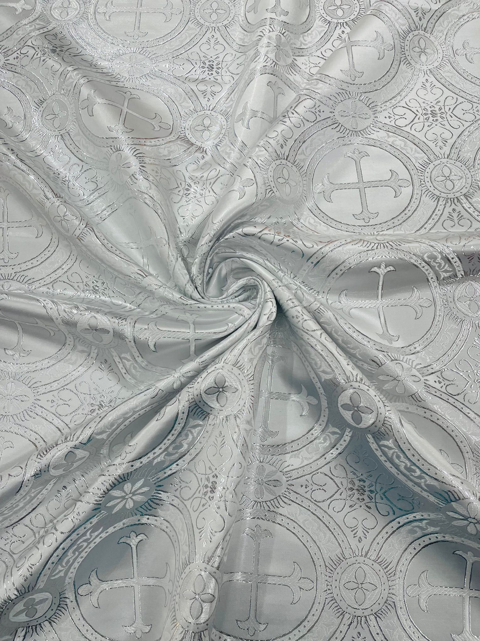 White/Silver - Square Metallic Cross Brocade Jacquard Satin Table Overlay/Religious Brocade/Liturgical Fabric/Church.