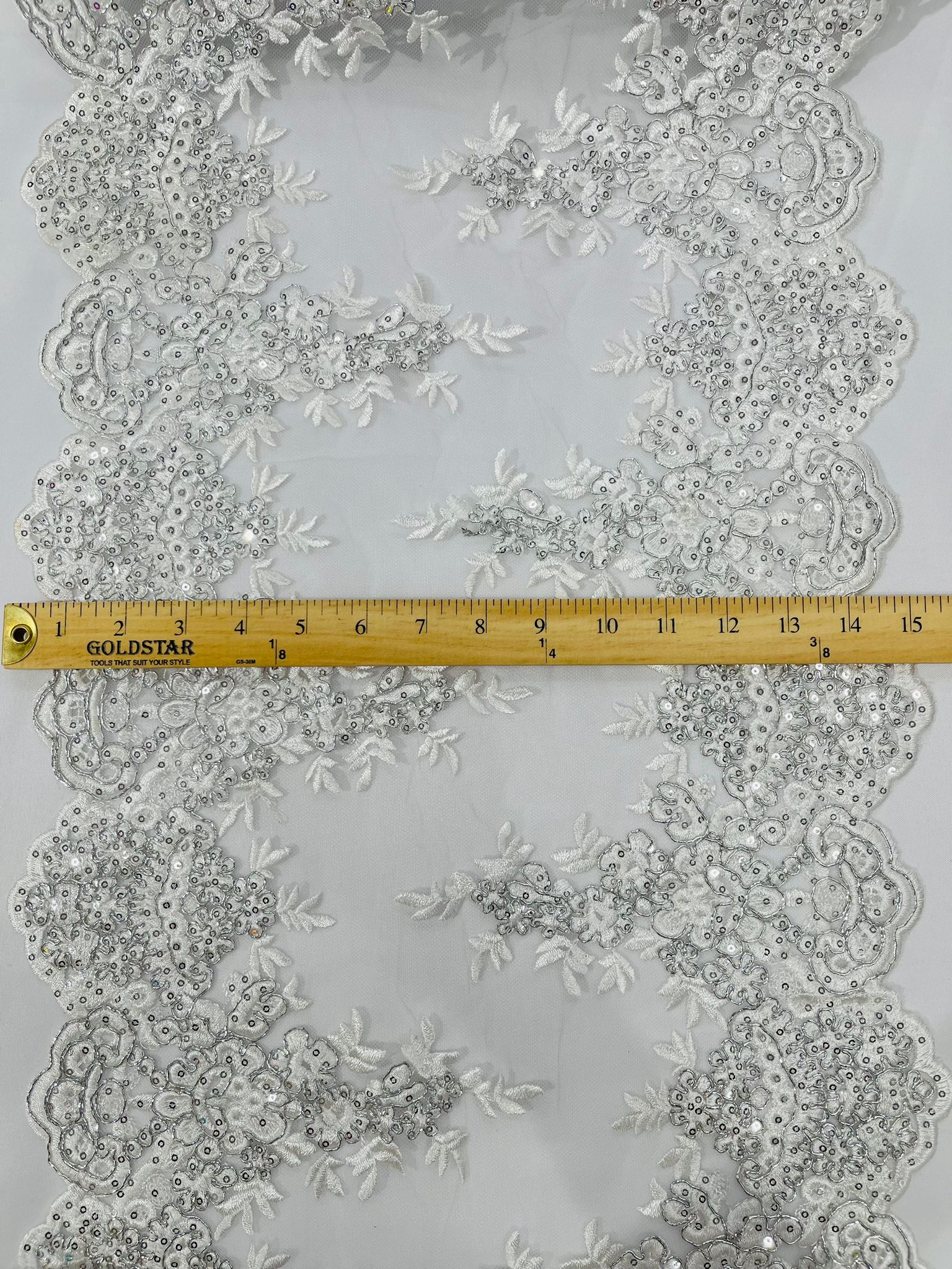 14" WIDE SEQUINS METALLIC EMBROIDERED LACE ON MESH, TABLE RUNNER. (by the yard)