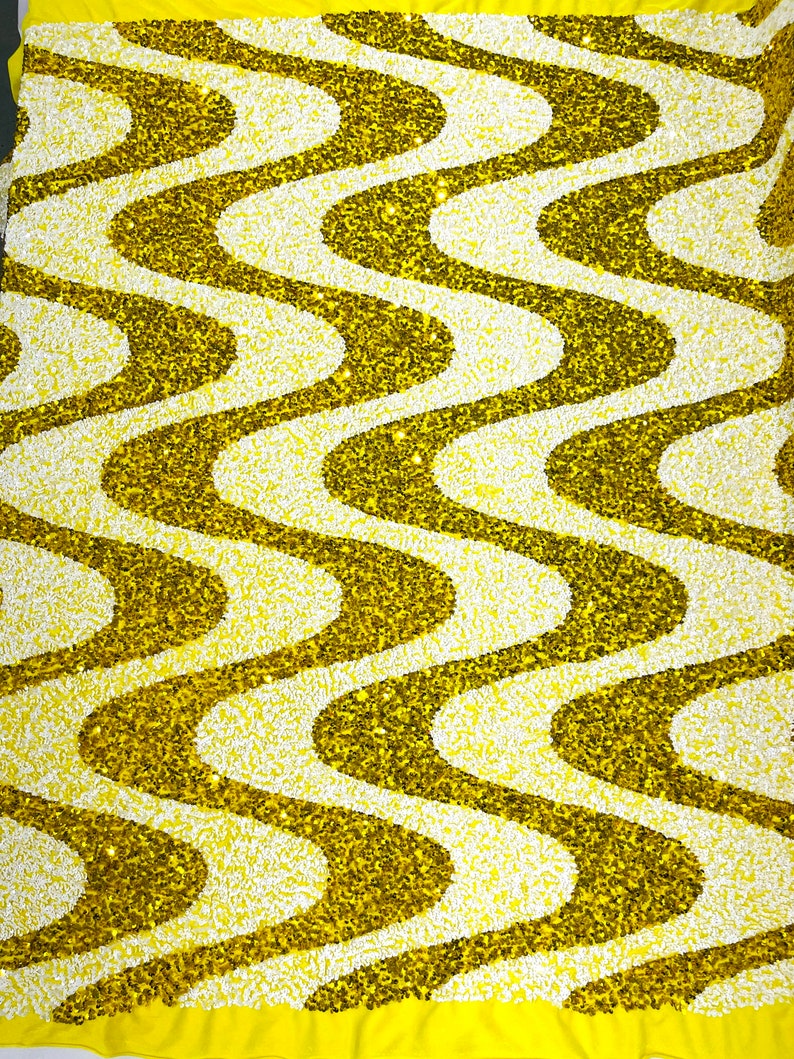 White-Yellow Sequin Wave stretch velvet all over 5mm shining sequins 2-way stretch, sold by the yard