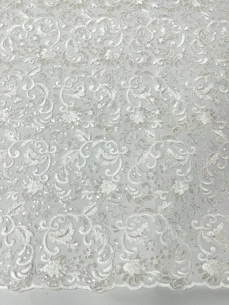 Flower Lace Sequins Corded Fabric - White - Embroidery Floral Design Lace Fabric By Yard