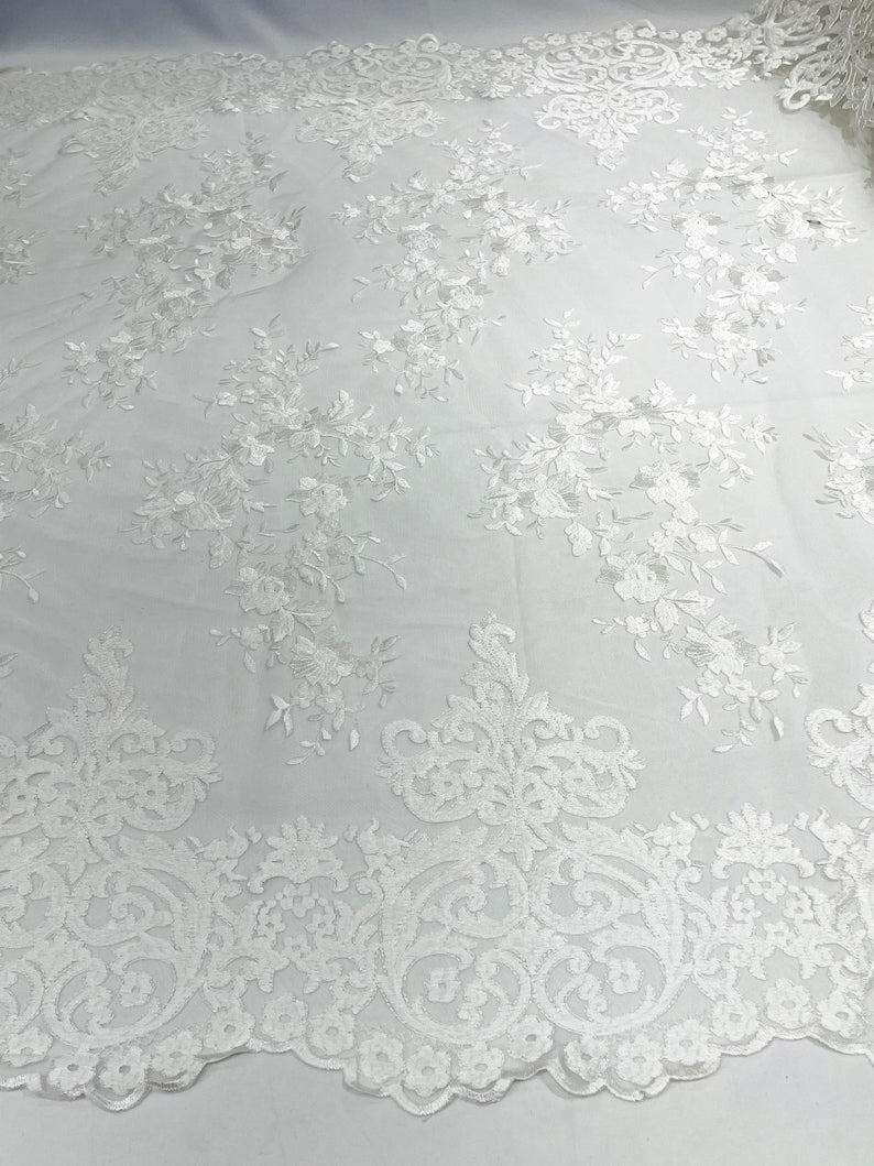 Elegant flower damask flat lace embroidery on a mesh-sold by the yard.