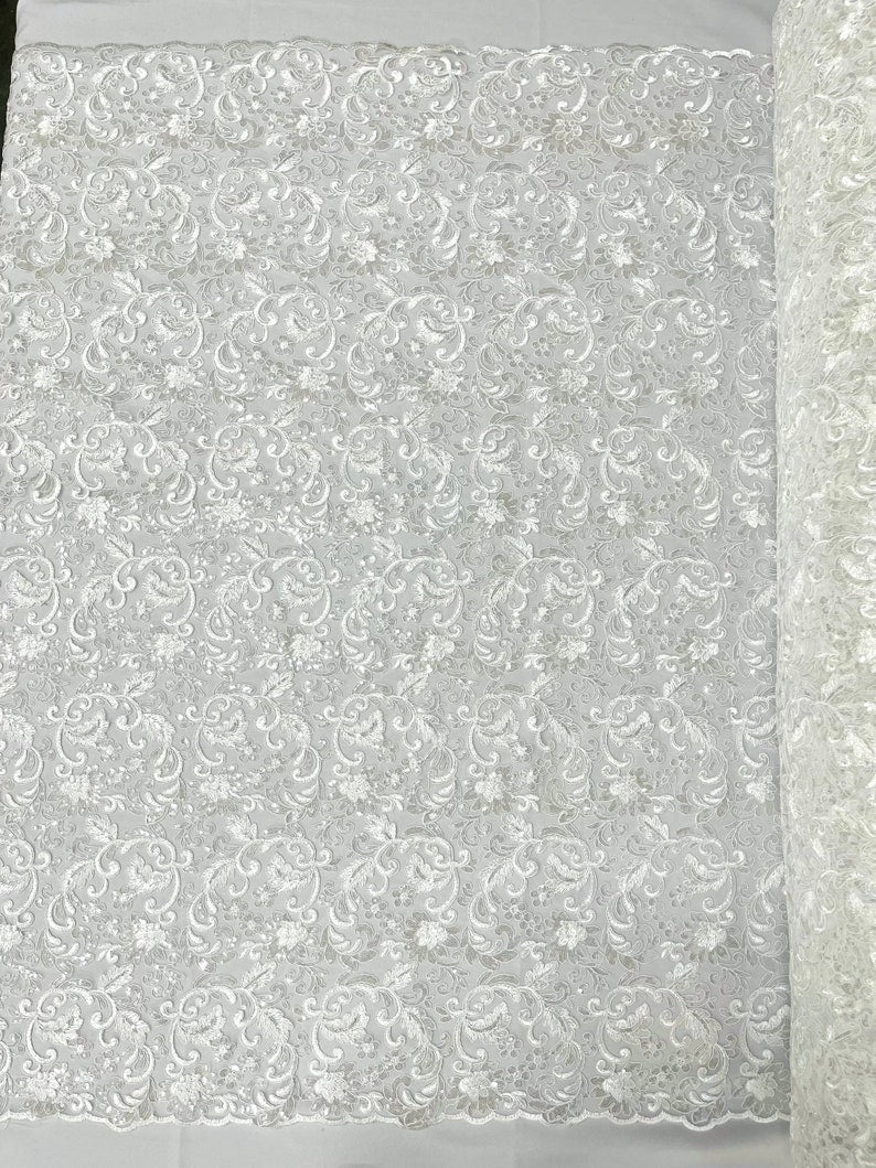 Flower Lace Sequins Corded Fabric - White - Embroidery Floral Design Lace Fabric By Yard