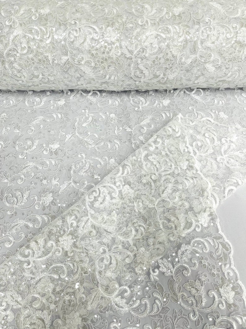 Flower Lace Sequins Corded Fabric - White - Embroidery Floral Design Lace Fabric By Yard