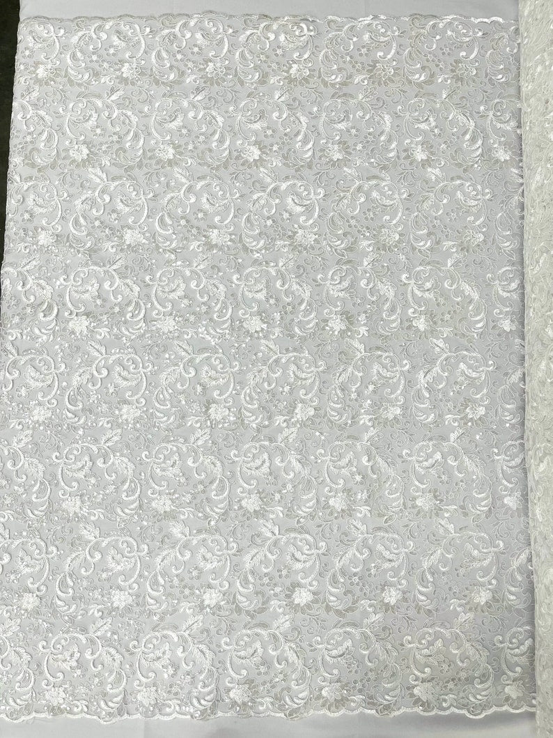 Flower Lace Sequins Corded Fabric - White - Embroidery Floral Design Lace Fabric By Yard