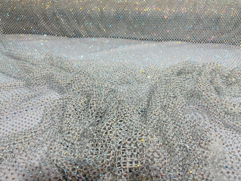 AB Iridescent Rhinestones On Soft Stretch Fish Net Fabric 45" Wide -sold by The Yard.