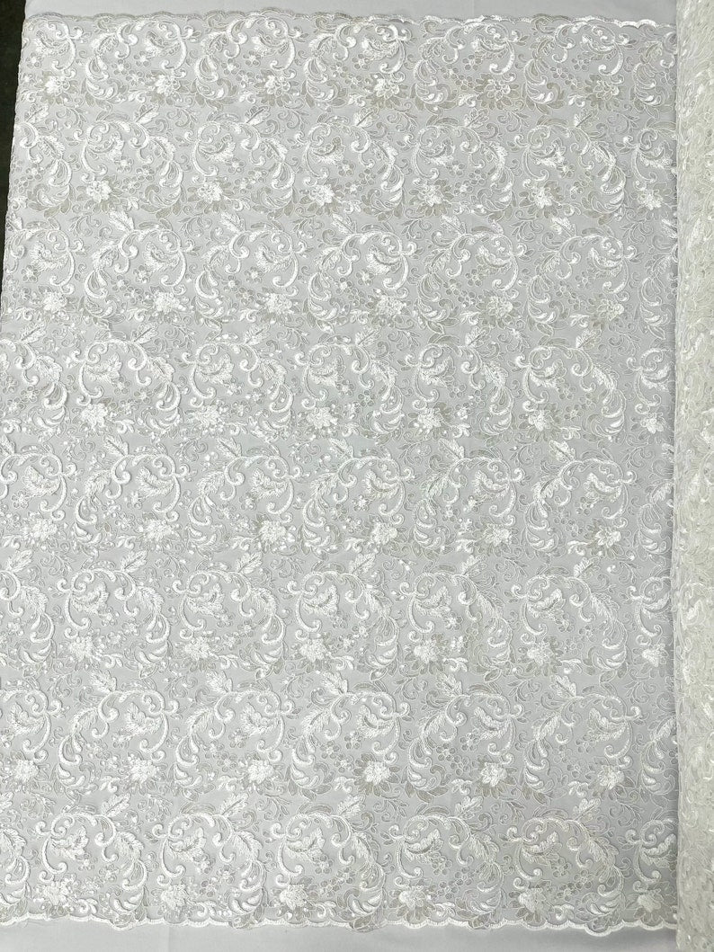 Flower Lace Sequins Corded Fabric - White - Embroidery Floral Design Lace Fabric By Yard