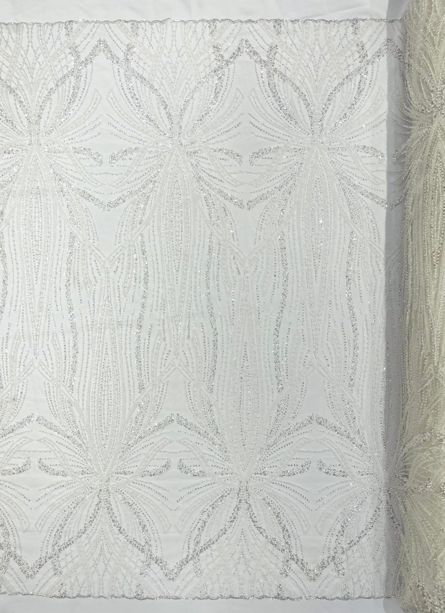 Palm Beaded Lace Fabric, Heavy Embroidered Design on 58" Mesh for Dresses