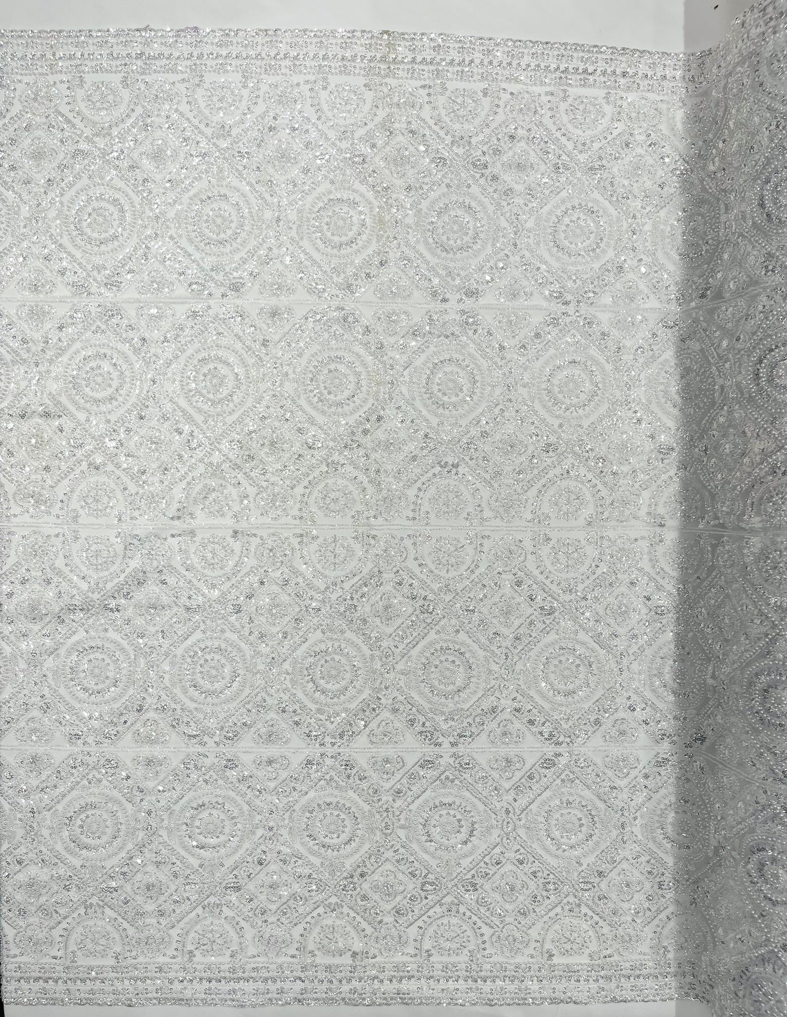 Geometric Beaded Lace Fabric, Heavy Embroidered Design on 58" Mesh for Dresses