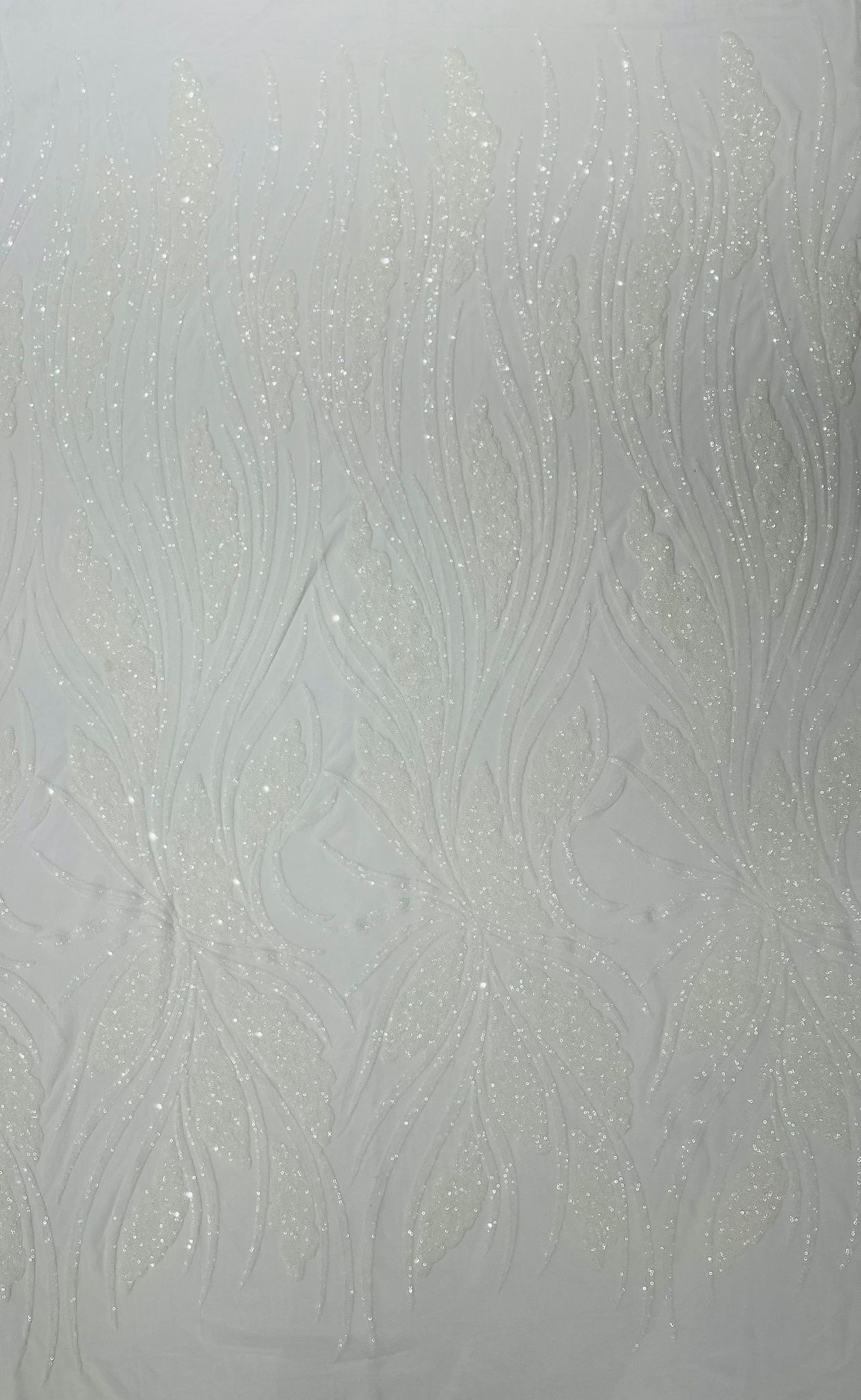 Feather damask shiny sequin design on a 4 way stretch White mesh Fabric-prom-sold by the yard.