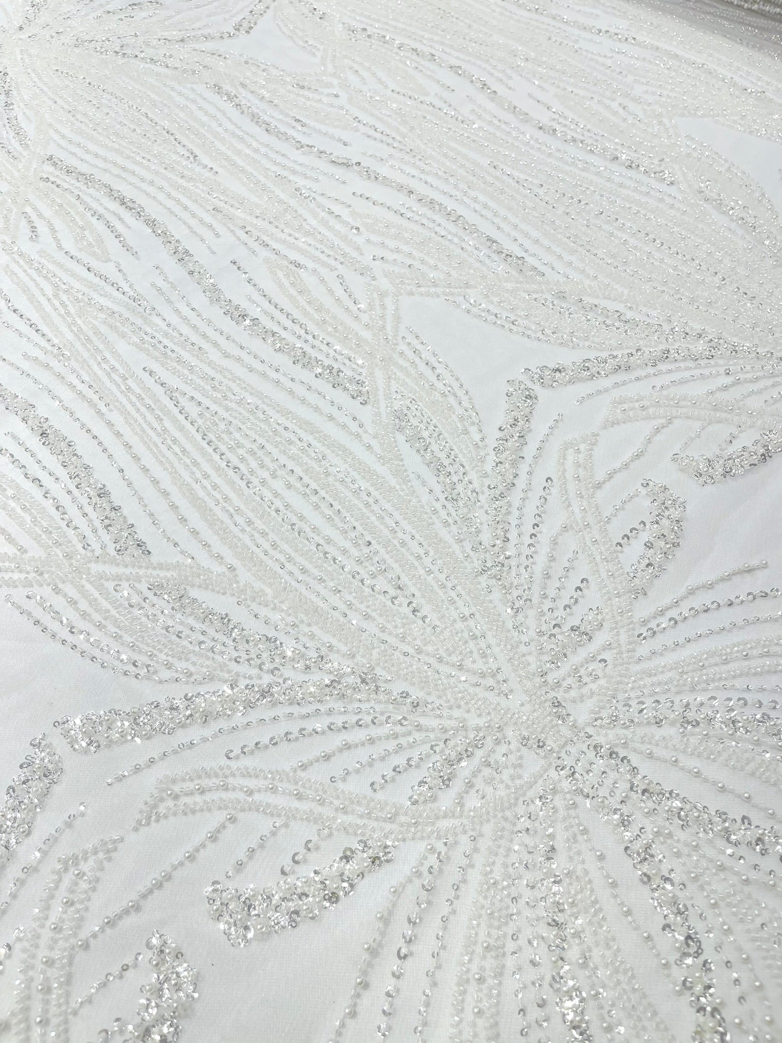 Palm Beaded Lace Fabric, Heavy Embroidered Design on 58" Mesh for Dresses
