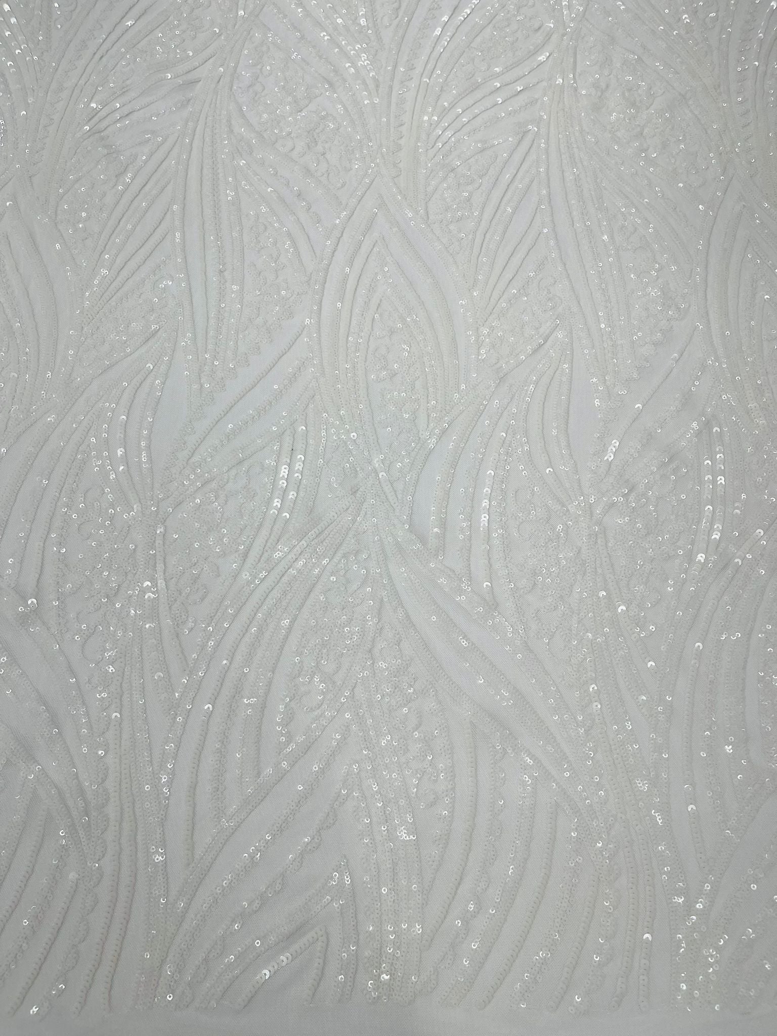 Geometric Feather wing shiny sequin design on a 4 way stretch mesh Fabric-prom-sold by the yard.