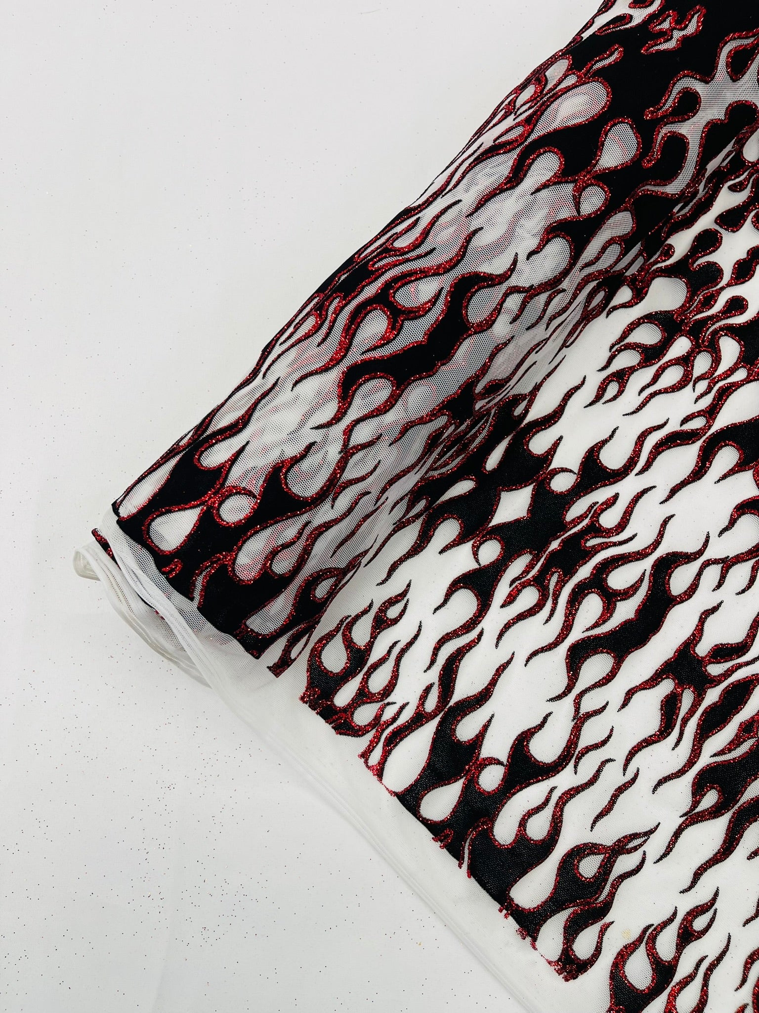 Power Mesh with Black Flocking Flames and Red Glitter Fabric-60” Wide-Hot Rod.