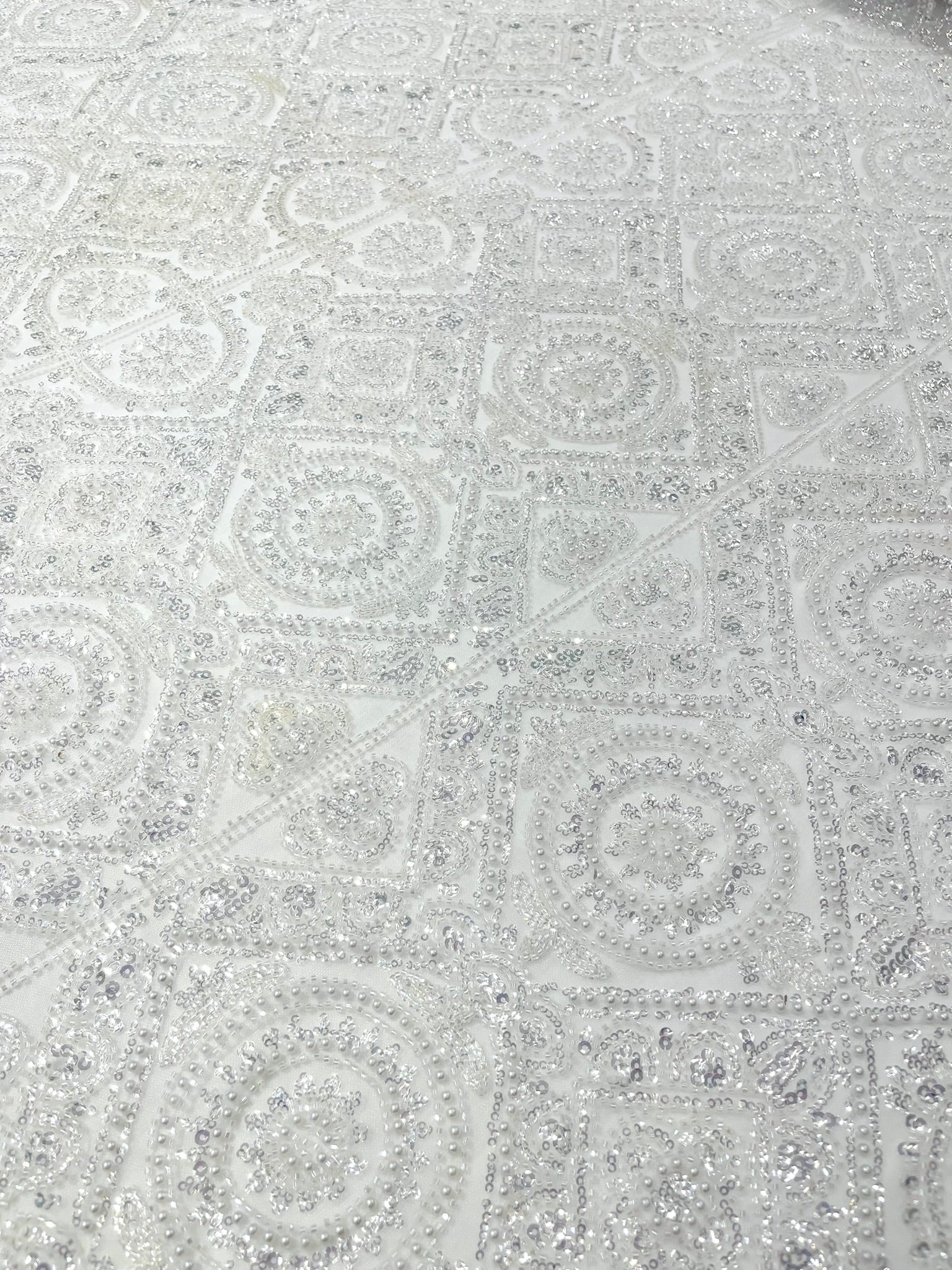 Geometric Beaded Lace Fabric, Heavy Embroidered Design on 58" Mesh for Dresses