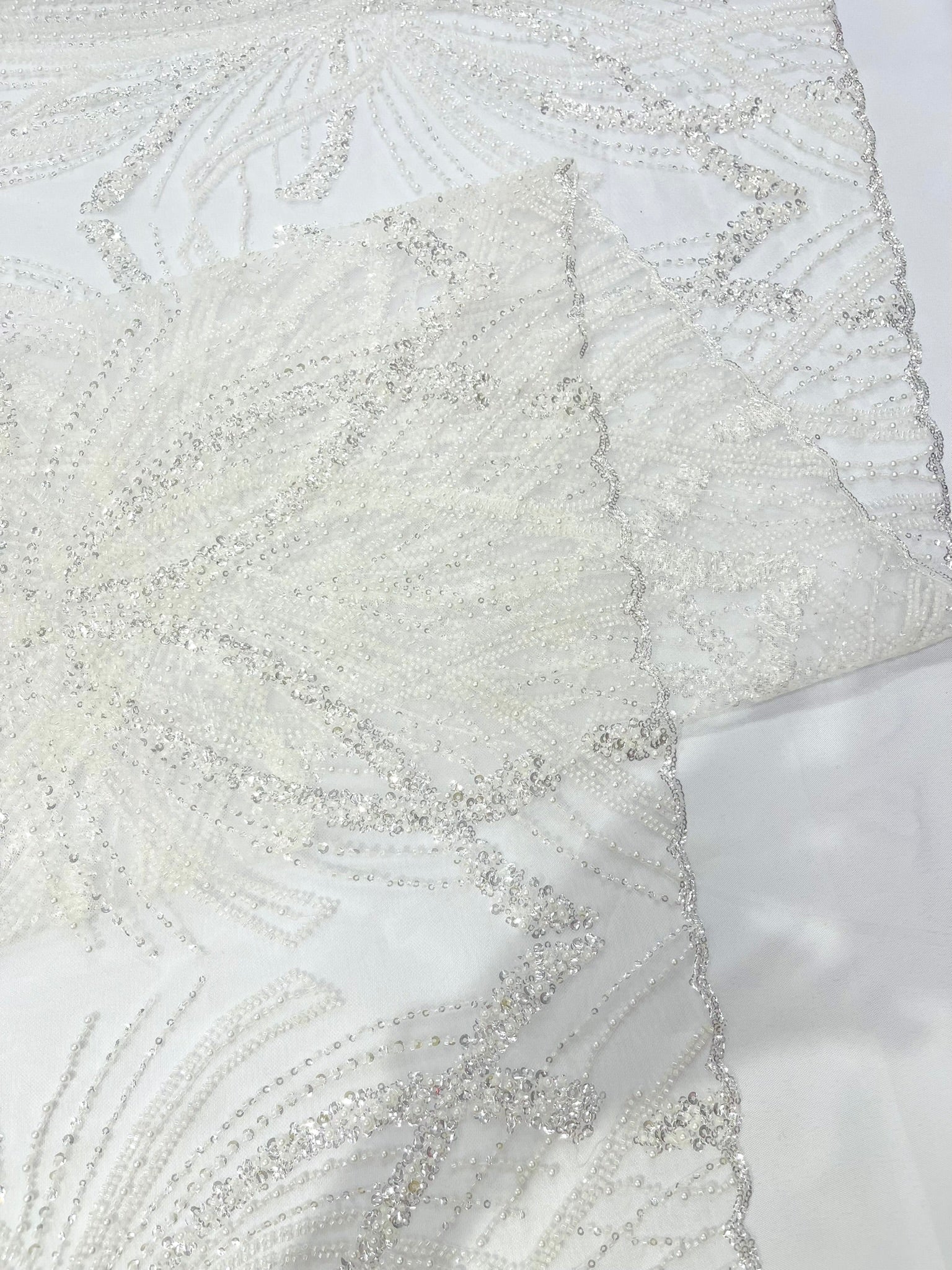 Palm Beaded Lace Fabric, Heavy Embroidered Design on 58" Mesh for Dresses