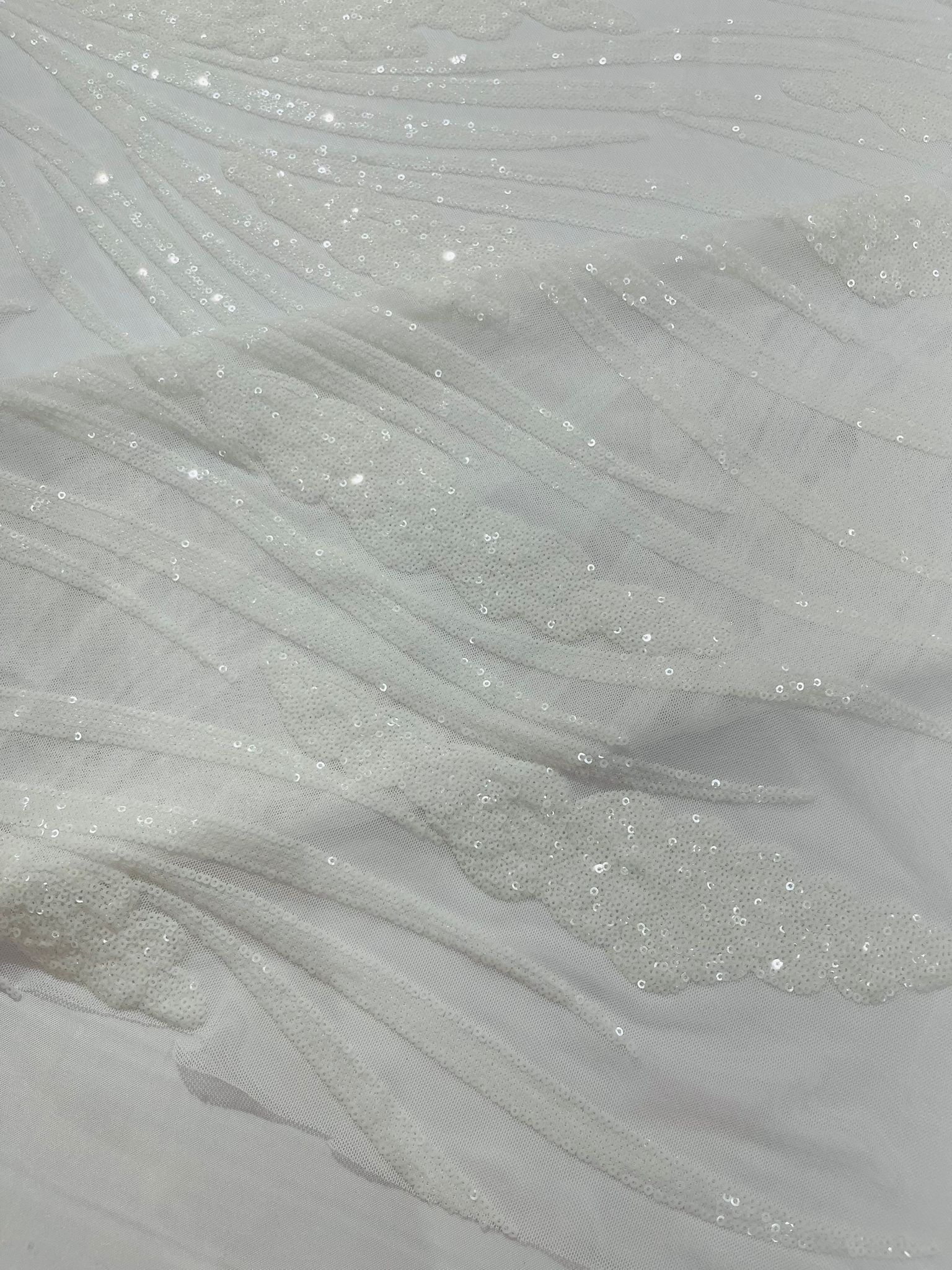 Feather damask shiny sequin design on a 4 way stretch White mesh Fabric-prom-sold by the yard.