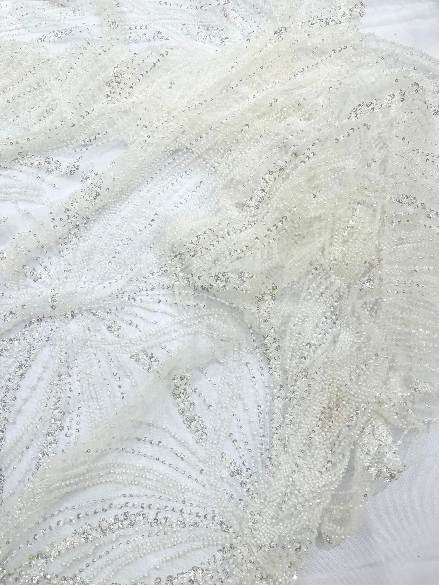 Palm Beaded Lace Fabric, Heavy Embroidered Design on 58" Mesh for Dresses