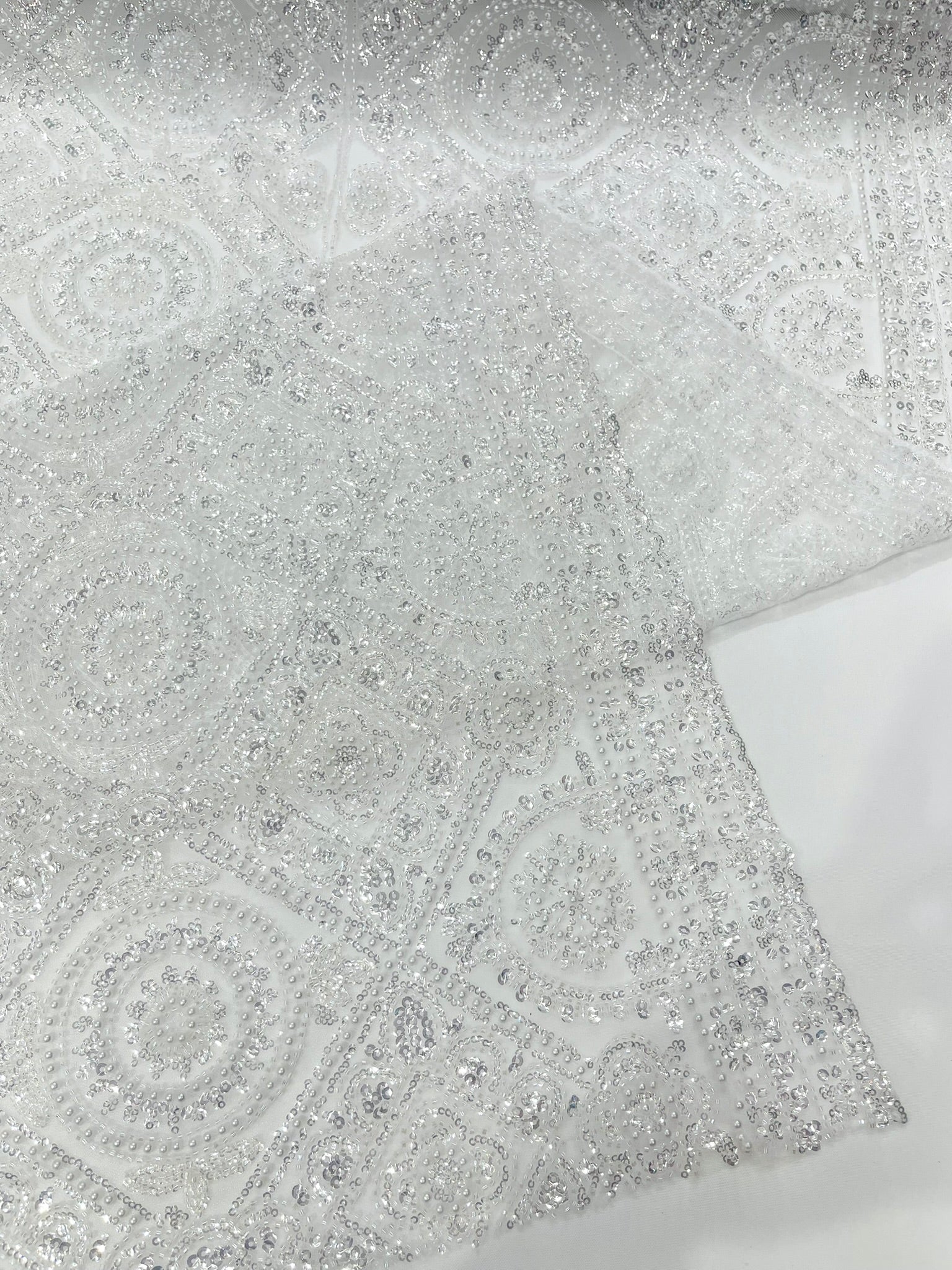 Geometric Beaded Lace Fabric, Heavy Embroidered Design on 58" Mesh for Dresses