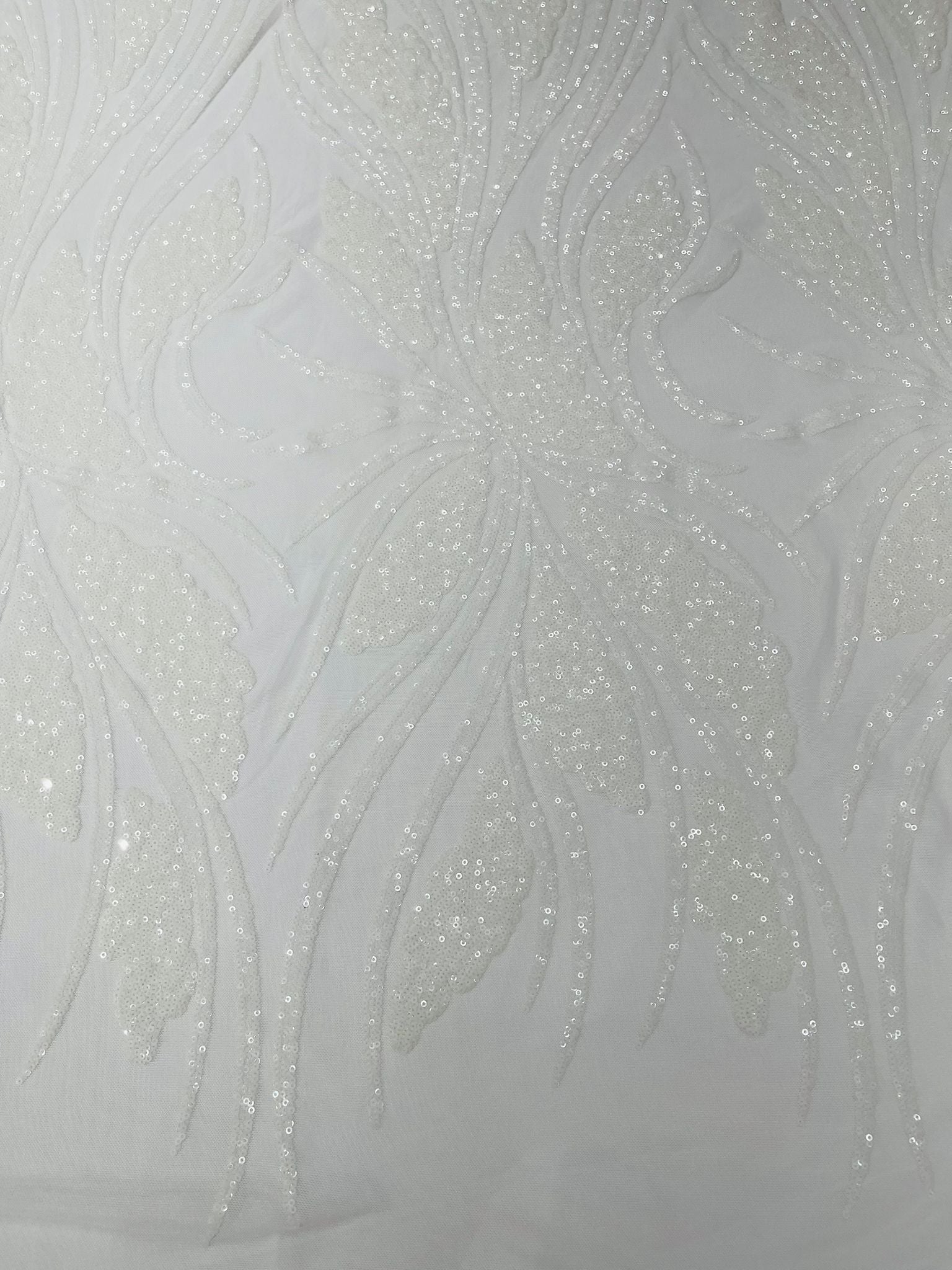 Feather damask shiny sequin design on a 4 way stretch White mesh Fabric-prom-sold by the yard.