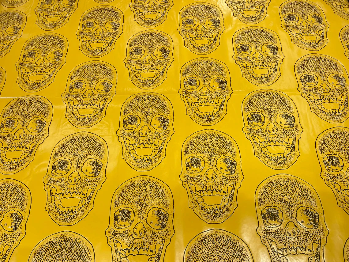 Skull Print Vinyl Fabric - Yellow - High Quality Skull Skeleton Print Fabric Sold By Yard