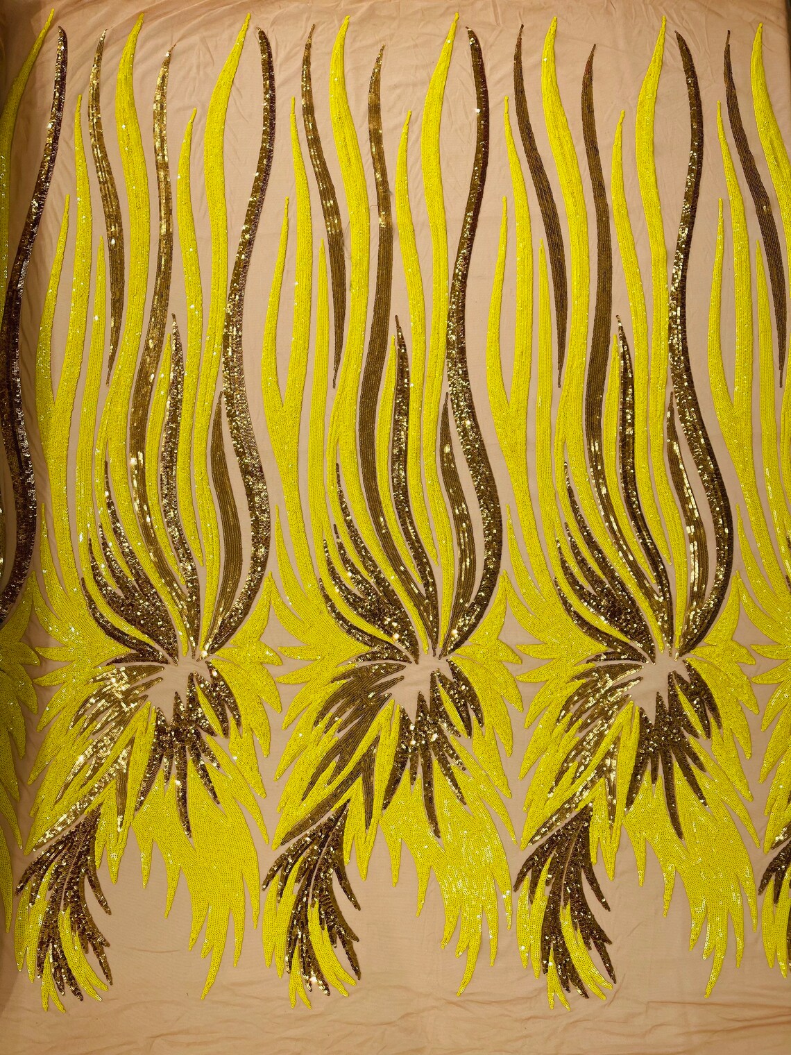 Wings Sequins Fabric - Yellow / Gold - Large Feather Wings 4 Way Stretch Sequins Design By Yard