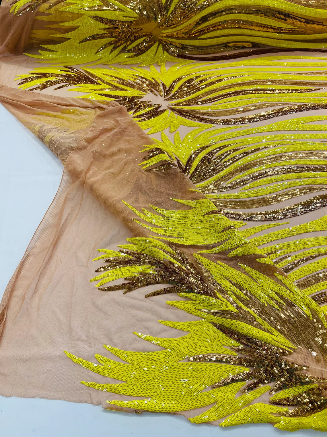 Wings Sequins Fabric - Yellow / Gold - Large Feather Wings 4 Way Stretch Sequins Design By Yard