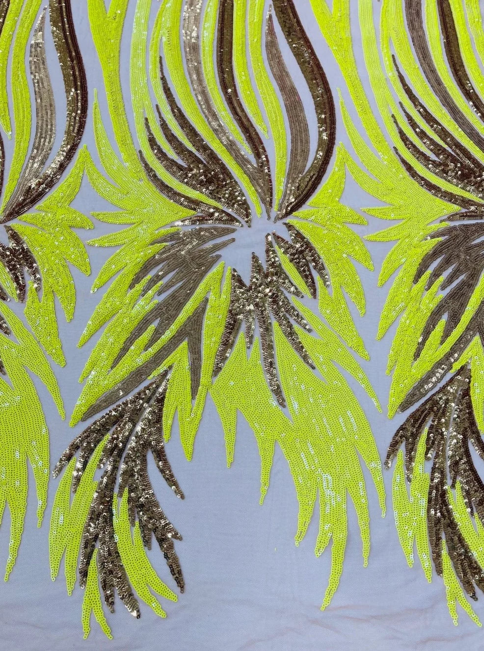 Wings Sequins Fabric - Yellow / Gold - Large Feather Wings 4 Way Stretch Sequins Design By Yard