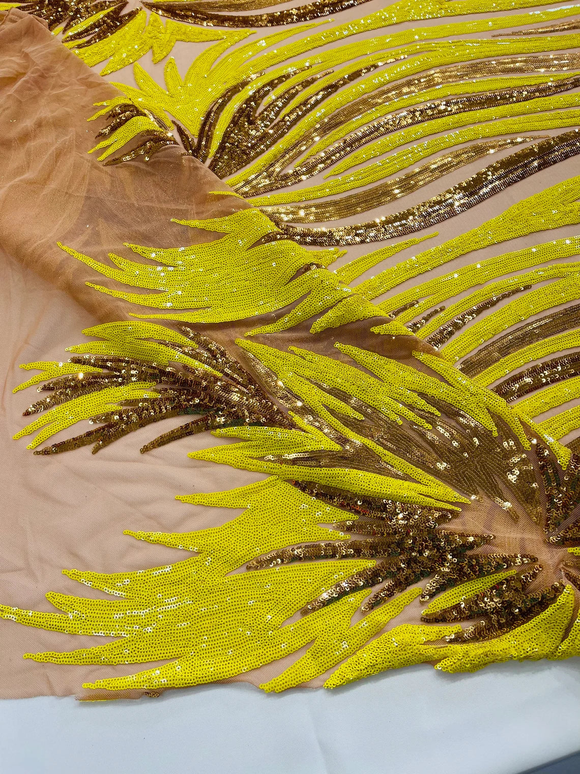 Wings Sequins Fabric - Yellow / Gold - Large Feather Wings 4 Way Stretch Sequins Design By Yard