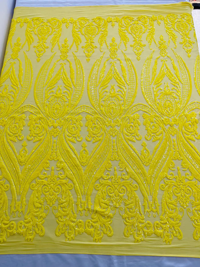 Big Damask 4 Way Sequins - Yellow - Embroidered Damask Design Sequins Fabric Sold By Yard