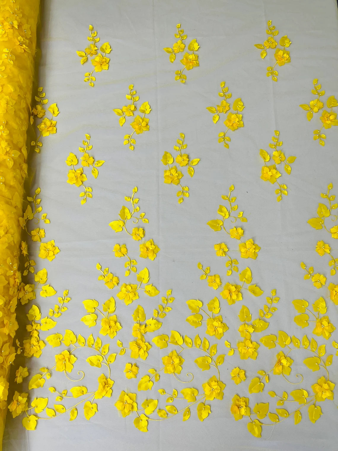 3D Flower Pearl Fabric - Yellow - Embroidered Flowers Pearl Center Single Border Sold By Yard