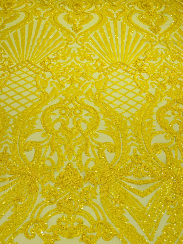 Seashell Geometric Sequins - Yellow - Embroidered Sequins on 4 Way Stretch Lace Mesh Sold By Yard