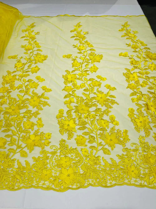 3D Floral Princess Fabric - Yellow - Embroidered Floral Lace Fabric with 3D Flowers By Yard