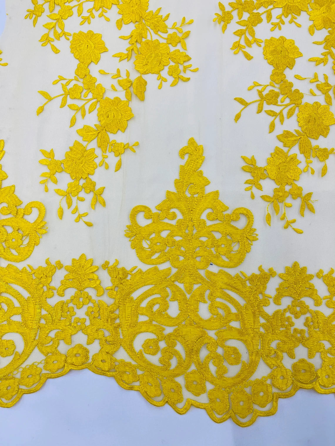 Damask Design Lace Fabric - Yellow - Embroidered Damask Fancy Beautiful Design Lace Fabric By Yard