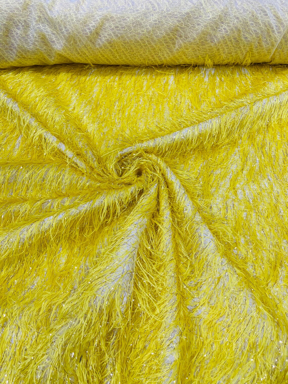 Eyelash Fringe Metallic Fabric - Yellow - Hanging Fringe Metallic Decorative Crafts Dress Fabric By Yard
