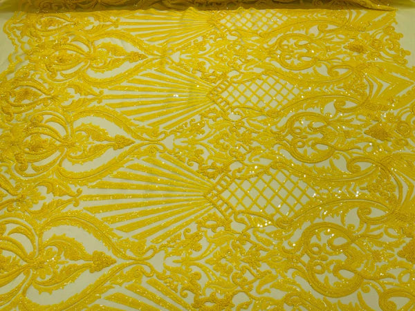 Seashell Geometric Sequins - Yellow - Embroidered Sequins on 4 Way Stretch Lace Mesh Sold By Yard