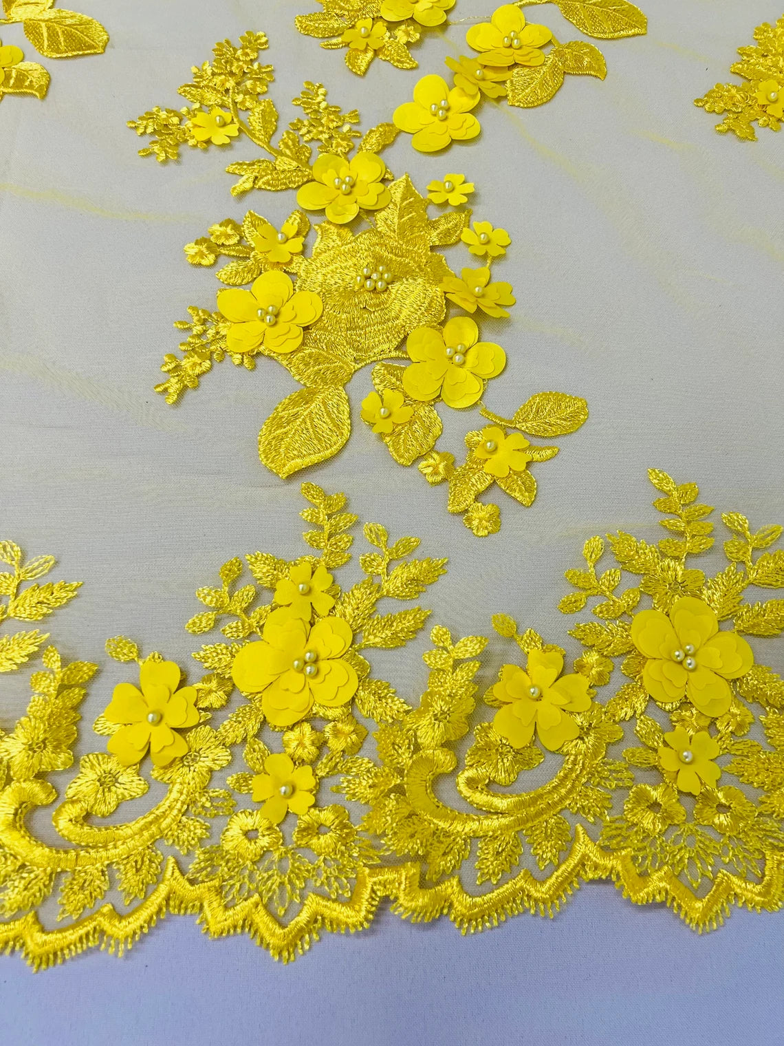 3D Flower Panels Fabric - Yellow - Flower Panels Bead Embroidered on Lace Fabric Sold By Yard