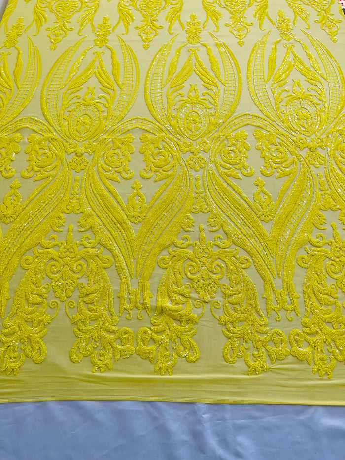 Big Damask 4 Way Sequins - Yellow - Embroidered Damask Design Sequins Fabric Sold By Yard