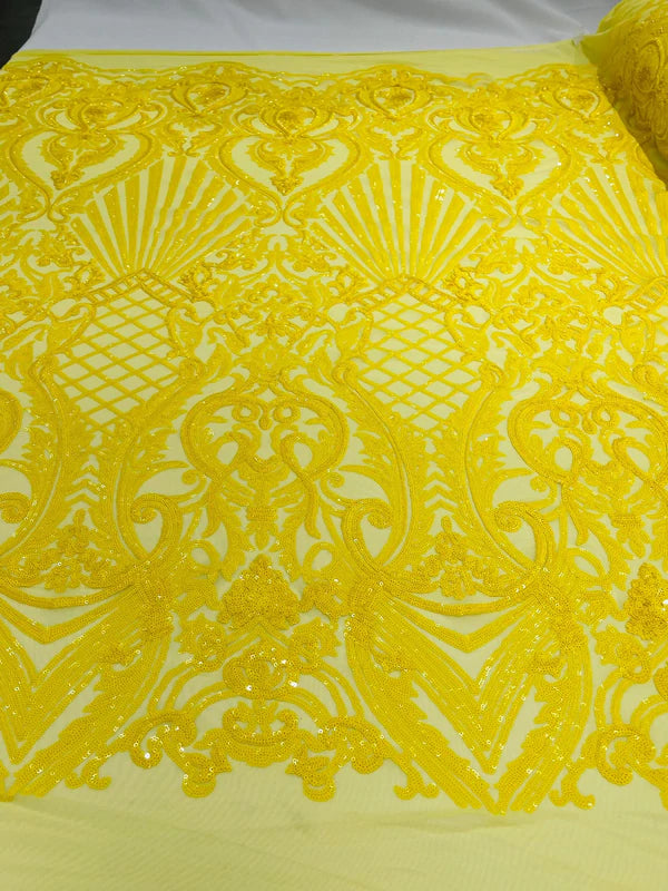 Seashell Geometric Sequins - Yellow - Embroidered Sequins on 4 Way Stretch Lace Mesh Sold By Yard