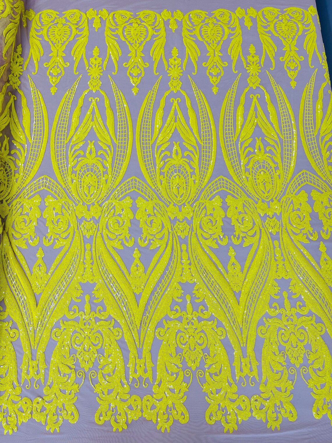 Big Damask 4 Way Sequins - Yellow on Nude - Embroidered Damask Design Sequins Fabric Sold By Yard