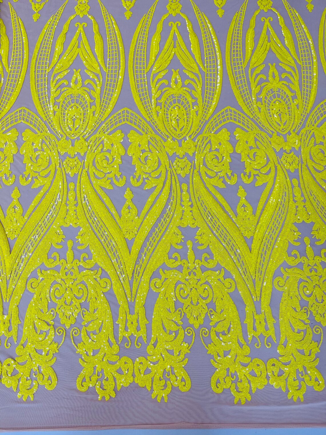 Big Damask 4 Way Sequins - Yellow on Nude - Embroidered Damask Design Sequins Fabric Sold By Yard