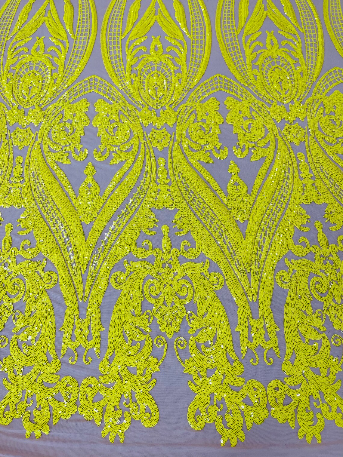 Big Damask 4 Way Sequins - Yellow on Nude - Embroidered Damask Design Sequins Fabric Sold By Yard