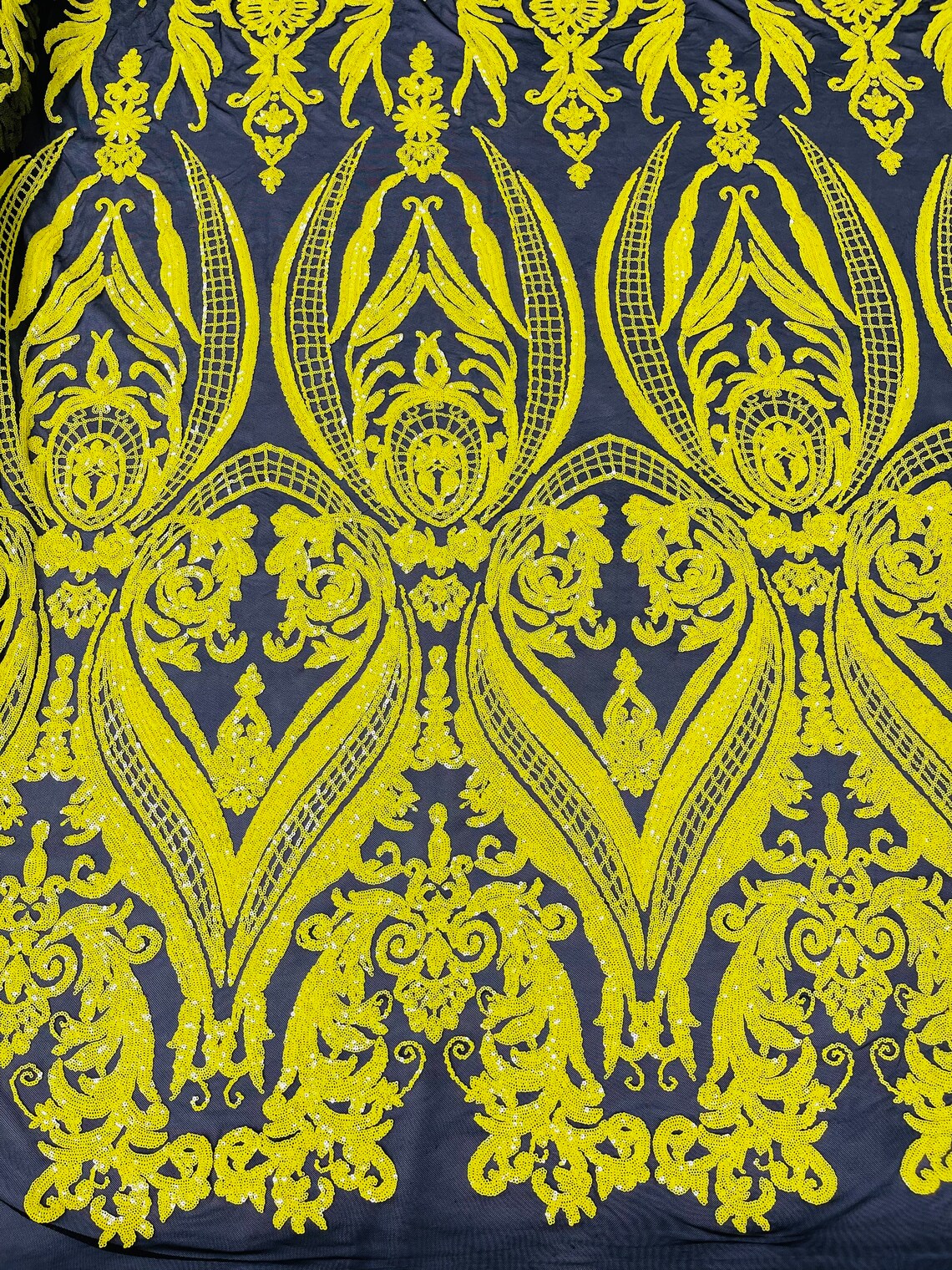 Big Damask 4 Way Sequins -Yellow on Black  - Embroidered Damask Design Sequins Fabric Sold By Yard