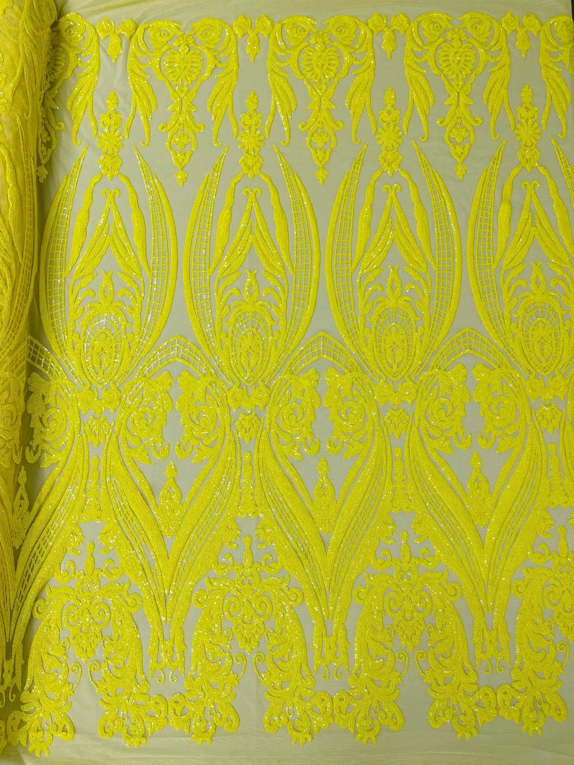 Big Damask 4 Way Sequins - Yellow on Yellow - Embroidered Damask Design Sequins Fabric Sold By Yard